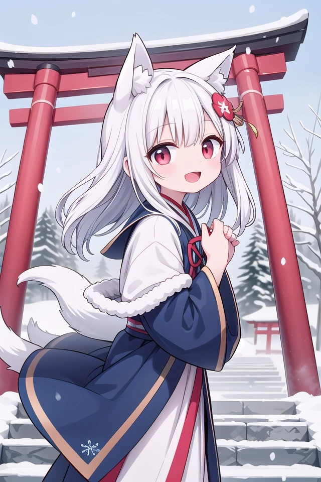insanely detailed, absurdres, ultra-highres, ultra-detailed, best quality,
1girl, solo, nice hands, perfect hands,
BREAK
miko, hanfu, winter hanfu, cloak, (bare shoulder:-1.5), (cleavage:-1.5)
BREAK
happy smile, laugh, open mouth, standing,
from side,
cute pose, cowboy shot,
BREAK
slender, kawaii, perfect symmetrical face, ultra cute girl, ultra cute face, ultra detailed eyes, ultra detailed hair, ultra cute, ultra beautiful,
BREAK
japan, shrine, snowing, snowflake, snow, torii gate, stone steps, shrine architecture
BREAK
(white blue hair:1.2), very long hair, red eyes, two-tone hair, hair ornament, fox ears, fox tail, multiple tails,