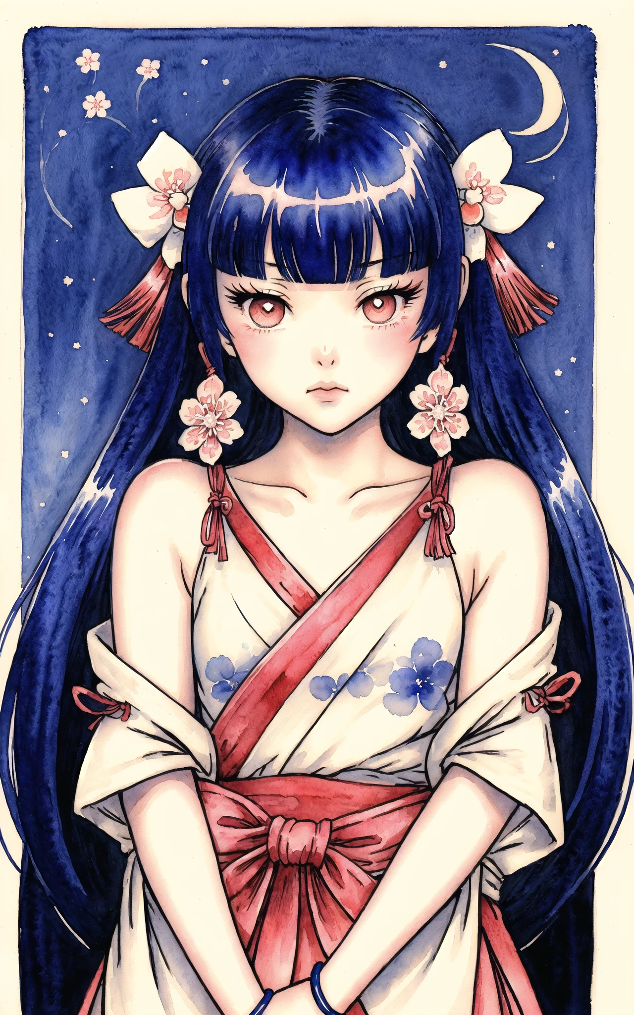 --This preview image uses the sampler: RESTART-- (watercolor_medium), ((ukiyoe style)), ((((masterpiece)))), (((best quality))), (illustration), (1girl:1.5), (solo:1.5), ((an extremely delicate and beautiful)), (()), cute, ((hime_cut)), side blunt bangs, (ultramarine hair:1.2), hairs between eyes, ribbons, Bracelet, bare shoulders, ((japanese_clothes)), sakura, ((slit pupils)), ((miko)), (off_shoulder), ace