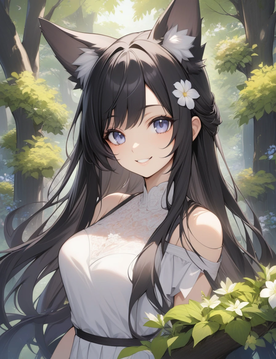 1girl, flower, long hair, eyes, smile, animal ears, upper body, tree, medium breasts, black hair, masterpiece, best quality,