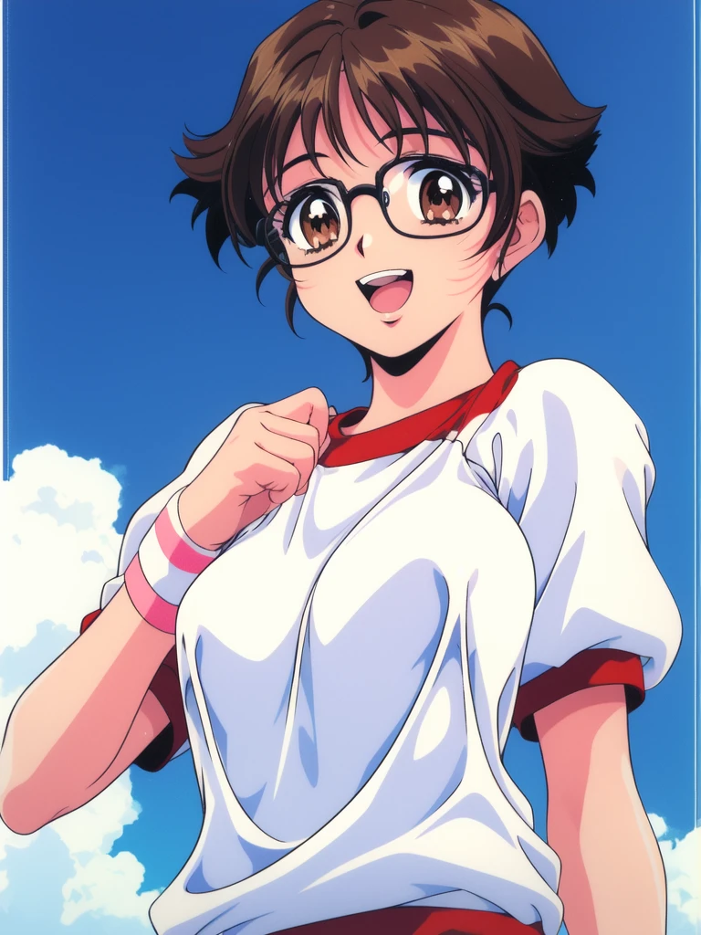 <lora:fujisaki_mika:0.8>, fujisakimika, 1girl, solo, gym uniform, short hair, brown hair, brown eyes, open mouth, wristband, buruma, sky, breasts, glasses, smile, happy,
1990s (style), breasts,
masterpiece, high quality, very_high_resolution, large_filesize, full color,