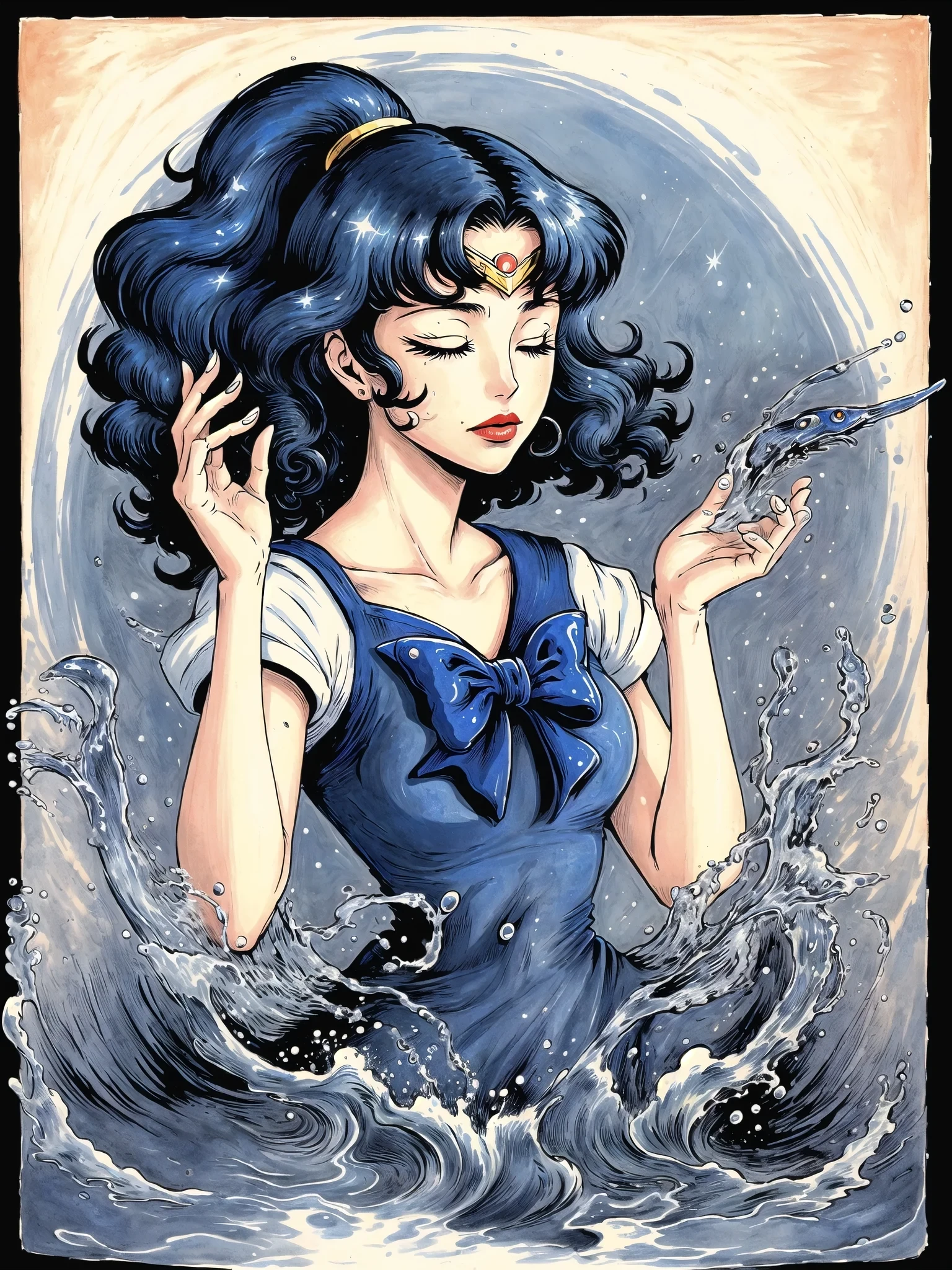 --This preview image uses the sanpler: RESTART and is an example of 5 lora's used: magic knight rayearth, shawn dickenson, epilogo, fodress, more details lora--
(Masterpiece), (highres), 8k, (traditional media:1.2), manga, digital illustration, 2d, retro artstyle, (ultra-detailed portrait of sailor moon, colorful, extremely detailed, detailed face, lipstick, (low ponytail), dark blue hair, blue eyes, gradient hair, looking at viewer, stylish, expressive, arm up, magic, casting water magic, head down, sad, curly hair, sailor nectie, half-closed eyes, closed mouth, closed eyes,melancholy, mature female, cool, aged up, head tilt, looking at viewer, cowboy shot, fully clothed, (8k resolution), (blue and white theme:1.3),sdrhstyl3,EpicLogo,fodress,Rayearth