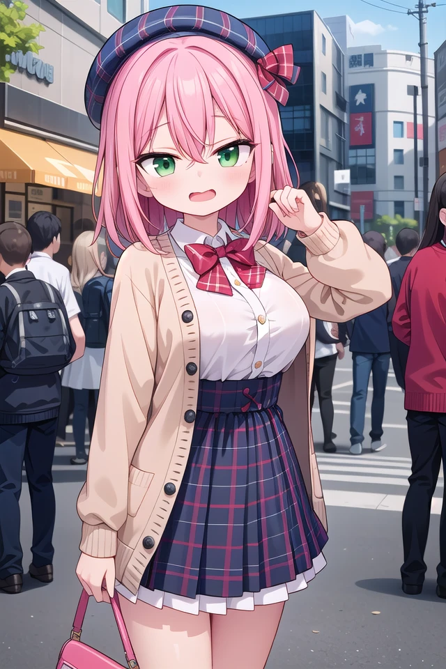 insanely detailed, absurdres, ultra-highres, ultra-detailed, best quality,
1 girl, solo, nice hands, perfect hands
BREAK
(vintage-inspired beret with flower pin:1.3), (navy and red plaid dress:1.5), (golden buttons down the front:1.2), (ivory blouse with ruffle detailing and red bow tie:1.4), (peach cardigan with cable knit pattern:1.3), (black tights:1.1), (red Mary Jane shoes:1.2)
BREAK
laugh, open mouth, wavy mouth,
cute pose, cowboy shot, looking at viewer
BREAK
slender, kawaii, perfect symmetrical face, ultra cute girl, ultra cute face, ultra detailed eyes, ultra detailed hair, ultra cute, ultra beautiful,
BREAK
in harajuku, shibuya, tokyo, street, crowd, cityscape,
large breasts
BREAK
(pink medium hair, dark green eyes), hair between eyes