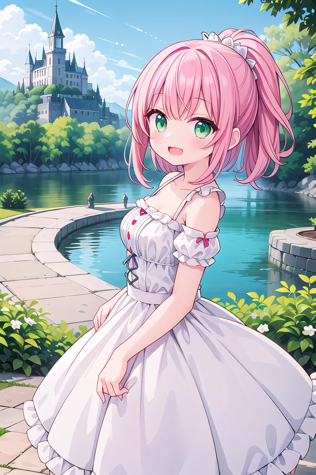 insanely detailed, absurdres, ultra-highres, ultra-detailed, best quality,
1girl, solo, nice hands, perfect hands,
BREAK
(wearing princess dress), teara,
happy smile, laugh, open mouth,
standing,
from side, cowboy shot, looking at viewer, (holding bar:-1.5), (hip:-1.5)
BREAK
slender, kawaii, perfect symmetrical face, ultra cute girl, ultra cute face, ultra detailed eyes, ultra detailed hair, ultra cute, ultra beautiful,
BREAK
fantasy world, (castle in background, lake:1.3), (very wide, panorama view, sense of depth, magnificent view:1.3)
BREAK
princess girl, pink hair, green eyes, medium breasts