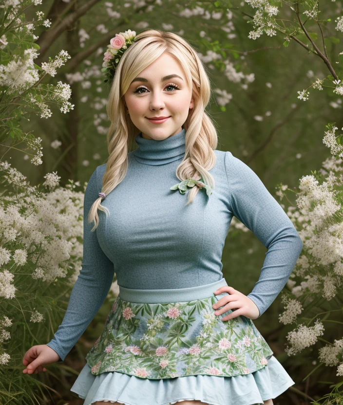 <m1sne>, woman, nature, Undergrowth, spring, upper body, Flowering, intricate, skirt lace, (dress, turtleneck), close portrait photo, seductive pose