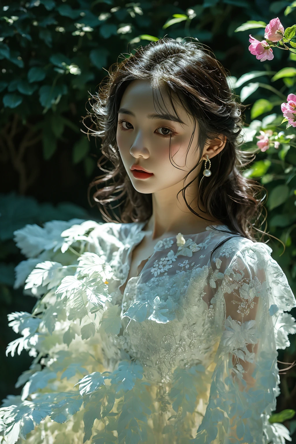 girl, black eyes, brunette, long hair, curly hair, looking at the camera, earrings, white pearl dress, outdoor, flower plants