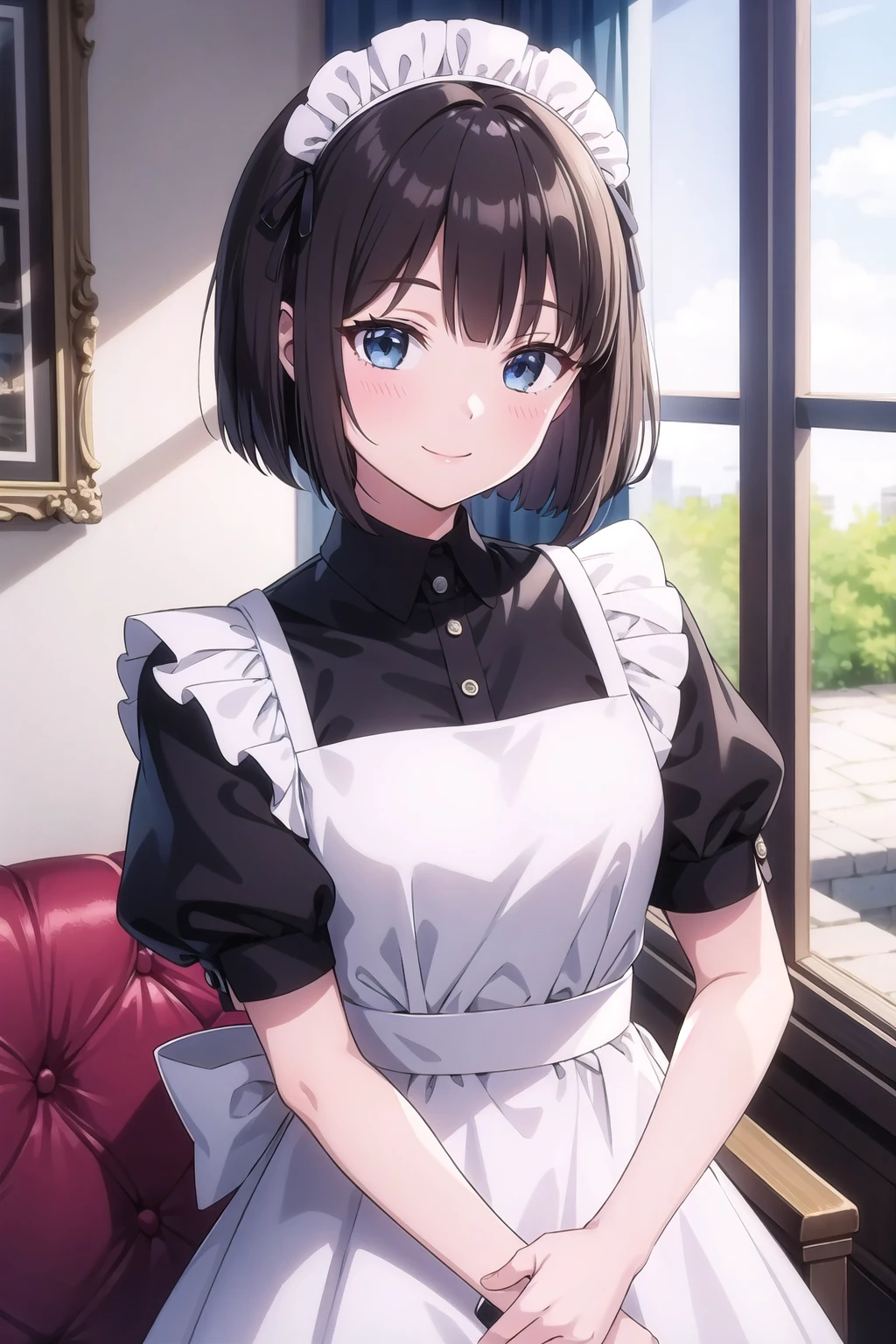 (masterpiece),  indoors,  1girl,  smile,  short hair,  bob cut,  brown hair,  hair ribbon,  maid headdress