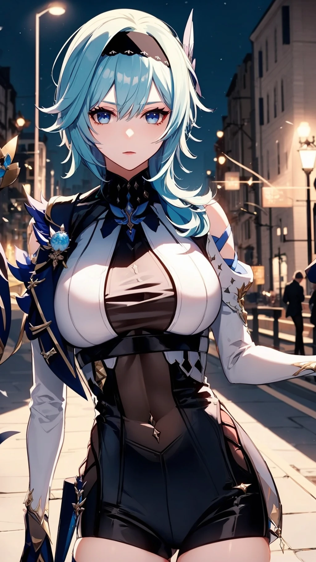 absurdres, highres, highly detailed, (official art, beautiful and aesthetic:1.2), ultra detail, beautiful face, ((mature female)), 1girl, Eula, black hairband, blue hair, hair ornament, hairband, short hair, yellow eyes, narrow waist, wide hips, thicc thighs, ((huge breasts)), cleavage, black gloves, black thigh high boots, ((torn clothes)), hands up, moonlight, night time, dynamic lighting, NSFW, nipples, pussy, cameltoe