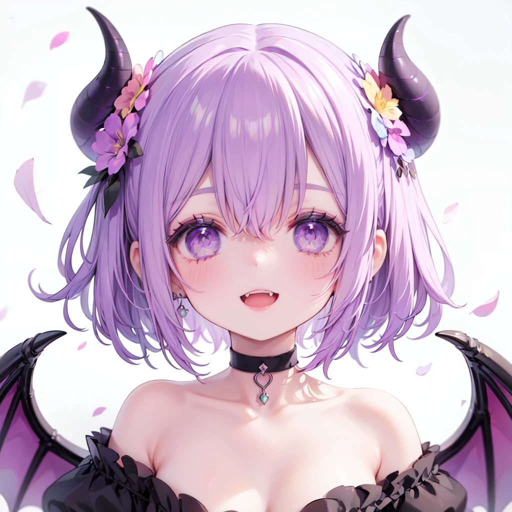 1girl,solo,flower,horns,purple eyes,purple hair,looking at viewer,hair ornament,open mouth,bare shoulders,short hair,hair flower,choker,petals,jewelry,teeth,earrings,bangs,collarbone,smile,upper body,purple choker,pink flower,eyelashes,white flower,fangs,strapless,rose,gem,dress,holding,portrait,makeup,upper teeth only,:d,