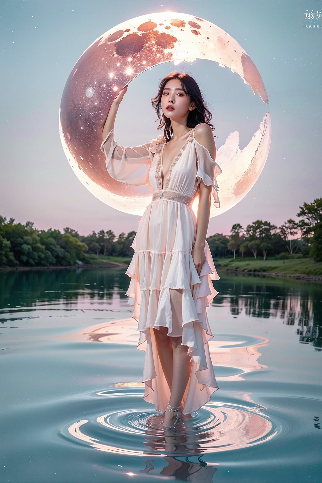 A girl, Full Body, black hair, standing, standing in the water, looking at the camera, pink dress, glow, red moon, starry sky,