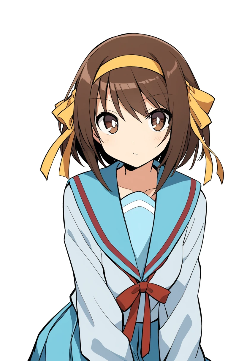 1girl, suzumiya haruhi, solo, kita high school uniform, winter uniform, skirt, school uniform, yellow hairband, brown hair, ribbon, brown eyes, blue skirt, sailor collar, hairband, blue sailor collar, long sleeves, yellow ribbon, serafuku, white background, red ribbon, hair ribbon, looking at viewer, simple background, short hair, bangs, closed mouth, sitting, bright pupils, bob cut, <lora:Char - Suzumiya Haruhi - v1 - Bionagato>