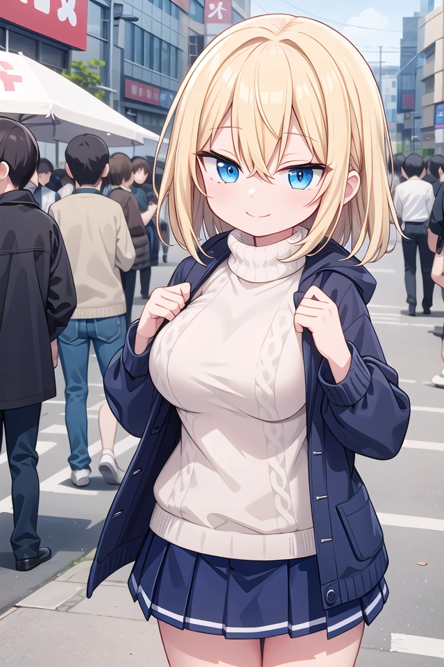 insanely detailed, absurdres, ultra-highres, ultra-detailed, best quality,
1girl, solo, nice hands, perfect hands
BREAK
duffle coat, (turtle neck sweater:1.2), Pleated skirt
BREAK
happy smile, laugh, closed mouth, standing,
,
seductive pose, cowboy shot
BREAK
slender, kawaii, perfect symmetrical face, ultra cute girl, ultra cute face, ultra detailed eyes, ultra detailed hair, ultra cute, ultra beautiful
BREAK
shibuya, akihabara, tokyo, street, crowd, cityscape
BREAK
large breasts,
(blonde medium hair, blue eyes), hair between eyes