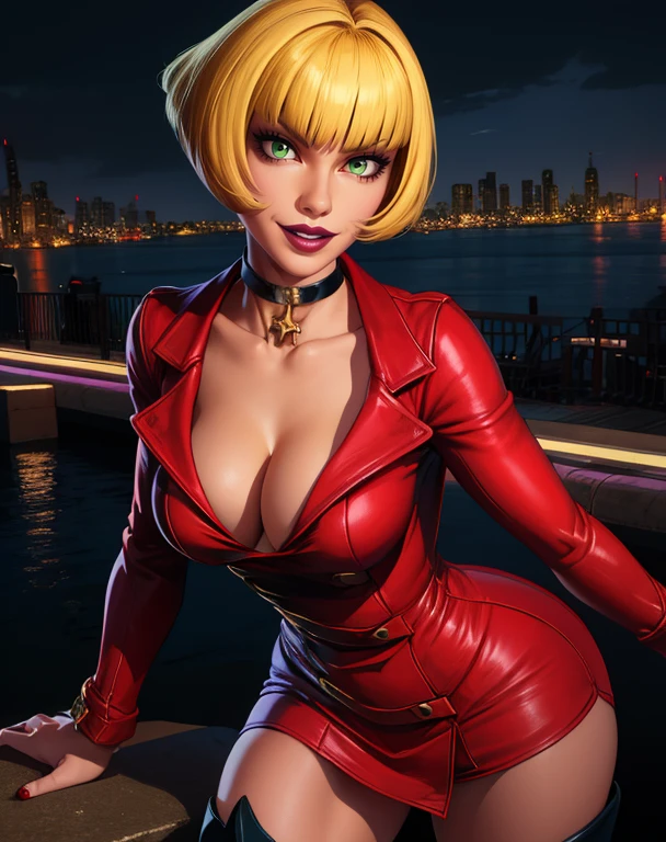 Jenny,short hair,blonde hair,lips,bob cut,lipstick,green eyes,grin,
cleavage,choker,boots,dress,knee boots,red jacket,
standing,
night city,cityscape,
(insanely detailed, beautiful detailed face,beautiful detailed eyes, masterpiece, best quality),<lora:Jenny-10BRv8:0.8>,
