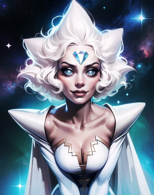 Witdim,white hair,star shaped hair,forehead jewel,white skin,grey eyes,
white robes,cape,shoulder pads,elbow sleeve,cleavage,
standing,upper body,evil smile,leaning forward,
solo,stars,space,
(insanely detailed, beautiful detailed face,beautiful detailed eyes, masterpiece, best quality),<lora:whitediamond-10SSV9:0.9>,