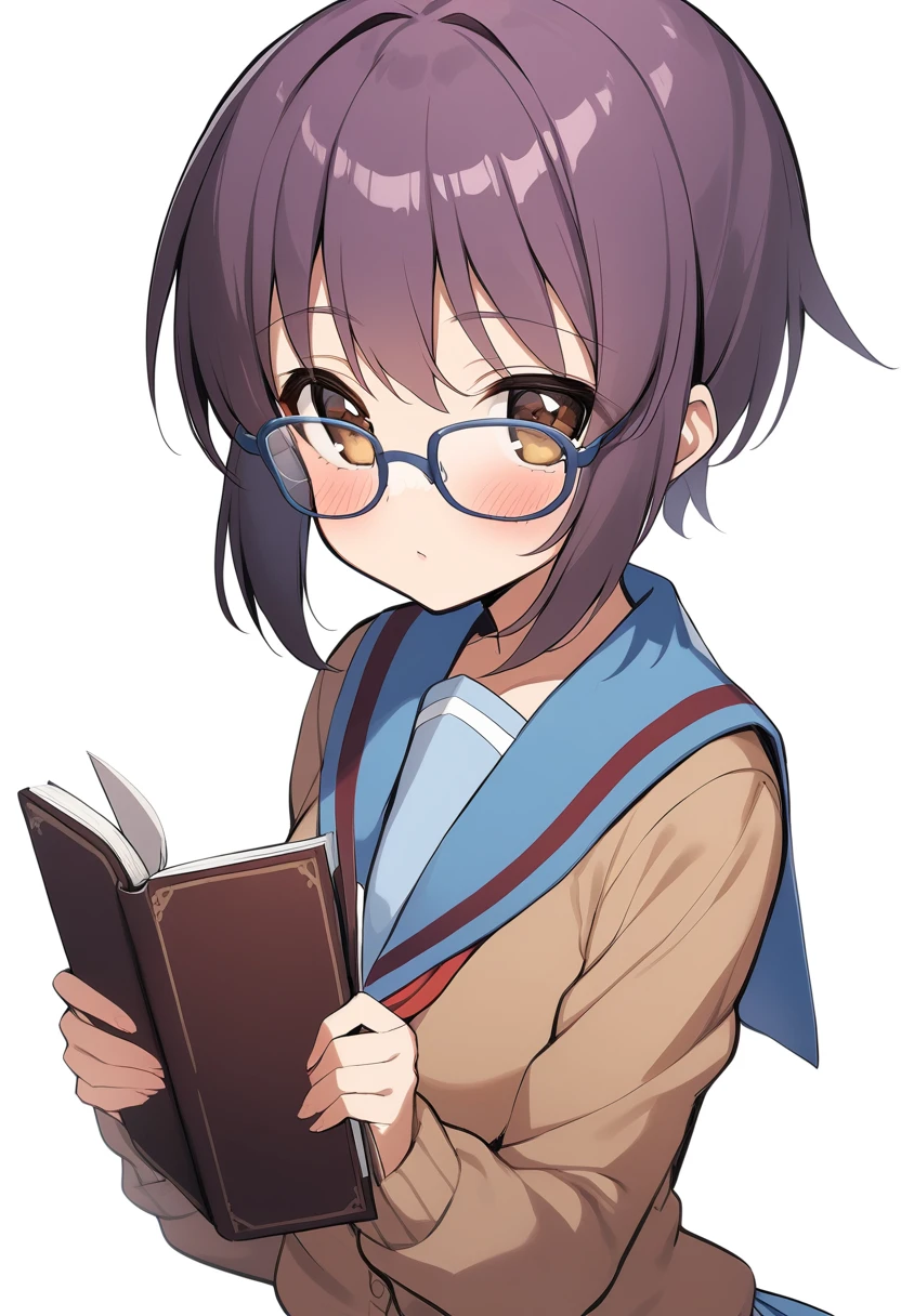 1girl, nagato yuki, blue sailor collar, blue skirt, blush, book, bookmark, brown cardigan, brown eyes, cardigan, glasses, holding, holding book, kita high school uniform, long sleeves, looking at viewer, purple hair, red ribbon, ribbon, sailor collar, school uniform, serafuku, short hair, sidelocks, simple background, skirt, solo, white background, winter uniform, masterpiece, best quality, <lora:Char - Nagato Yuki - v1 - Bionagato>