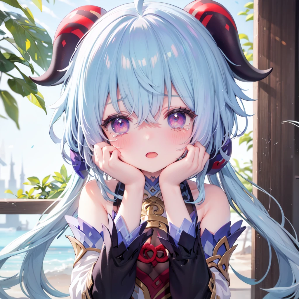 1girl, ganyu (genshin impact), blush, solo, blue hair, horns, open mouth, long hair, bangs, upper body, looking at viewer, bare shoulders, ahoge, purple eyes, detached sleeves, hands on own face, hair between eyes, tears, nose blush, blurry, @_@, tearing up, hands on own cheeks, sidelocks, embarrassed, goat horns