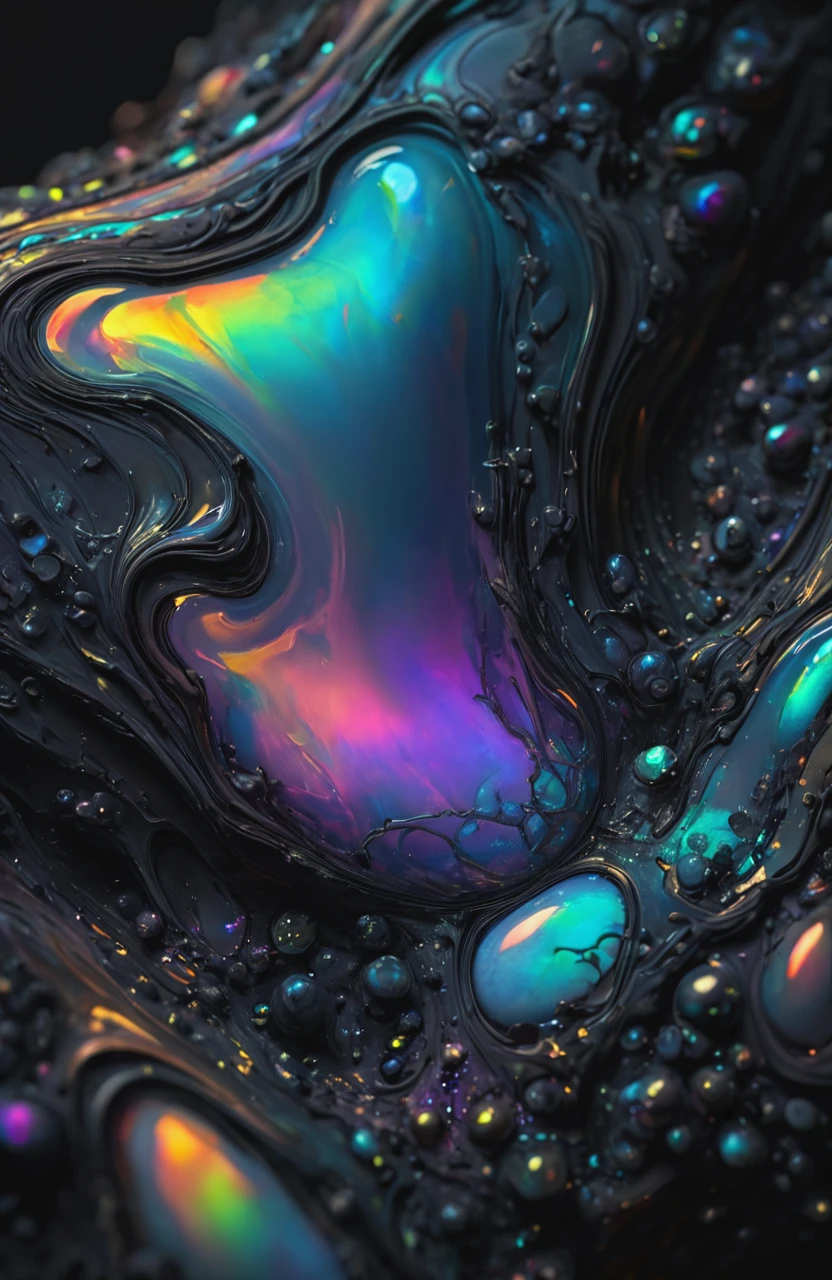 Iridescent opal style, macro, concept art, masterpiece, (fractal:0.2), fulcolor, dark noir, muffled light, realistic, soft shadows, best quality, hyper detailed, 4k. <lora:add-detail-xl:1>