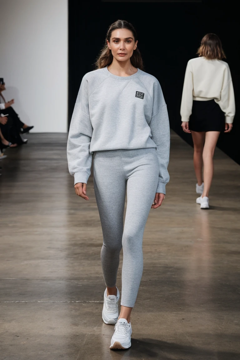 full body, woman walking on a runway, fashion show, oversized sweatshirt, leggings, sneakers, soft colors, bokeh, masterpiece, high quality, (high detailed skin:1.1)
 <lora:elizabeth_olsen_lora_v01:1> liz89