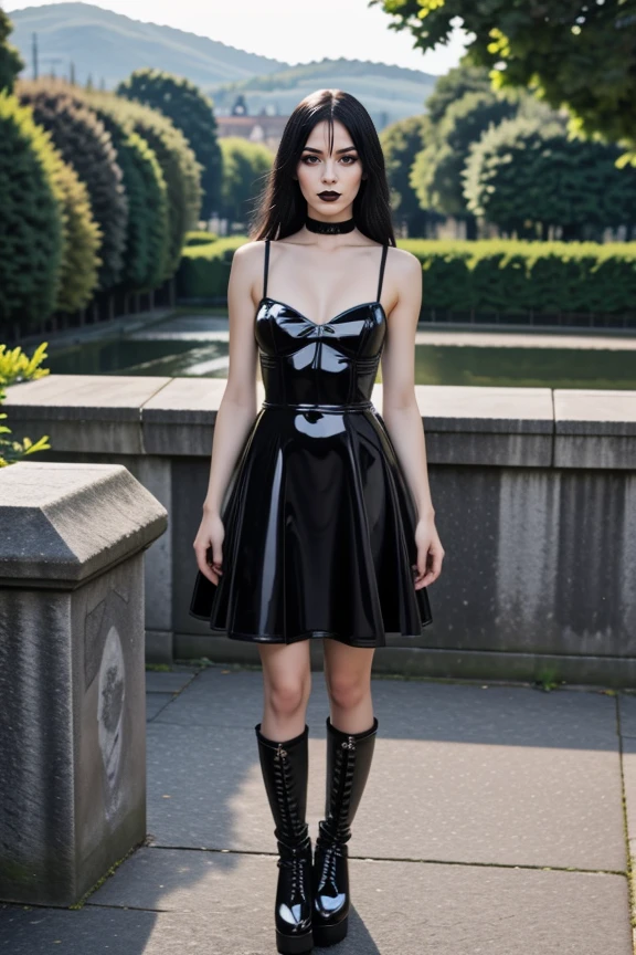 realistic, masterpiece, high detailed skin, looking at viewer, full body shot, scenic view, long hair, black hair
<lora:Latex_Gothic_Short_Dress_By_Stable_Yogi:1> latex pattern, gothic short black dress, bare shoulders, choker, fishnets, platform boots, bag