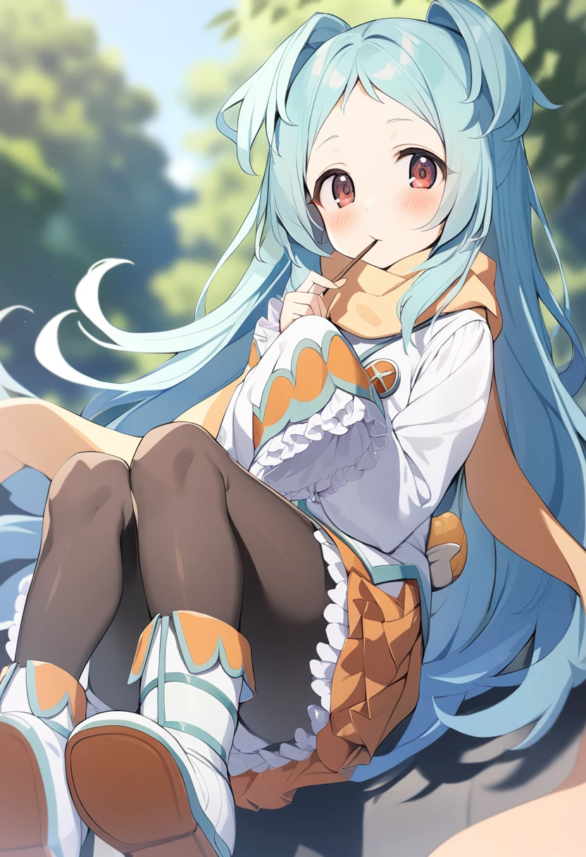 1girl, miyako \(princess connect!\), pantyhose, solo, long hair, scarf, skirt, black legwear, blush, sleeves past wrists, looking at viewer, long sleeves, white footwear, boots, blue hair, sleeves past fingers, ass, food, two side up, brown scarf, frills, candy, very long hair, shirt, wide sleeves, holding, pleated skirt, white shirt, shoe soles, brown eyes, red skirt, frilled skirt, red eyes, frilled sleeves, orange scarf, blurry, holding food, miniskirt, depth of field, knee boots, layered skirt, aqua hair, forehead, shoes, orange skirt, eyebrows visible through hair, jacket, closed mouth, hands up, underwear, parted bangs, utensil in mouth, outdoors, blurry background, brown skirt, masterpiece, best quality <lora:miyako_princess_connect_sdxl_v1:0.7>