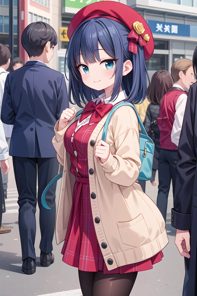 insanely detailed, absurdres, ultra-highres, ultra-detailed, best quality,
1girl, solo, nice hands, perfect hands
BREAK
(vintage-inspired beret with flower pin:1.3), (navy and red plaid dress:1.5), (golden buttons down the front:1.2), (ivory blouse with ruffle detailing and red bow tie:1.4), (peach cardigan with cable knit pattern:1.3), (black tights:1.1), (red Mary Jane shoes:1.2)
BREAK
happy smile, laugh, closed mouth, standing,
from side, standing, cowboy shot
BREAK
slender, kawaii, perfect symmetrical face, ultra cute girl, ultra cute face, ultra detailed eyes, ultra detailed hair, ultra cute, ultra beautiful
BREAK
shibuya, akihabara, tokyo, street, crowd, cityscape
BREAK
medium breasts,
(turquoise blue medium hair, black eyes), hime cut