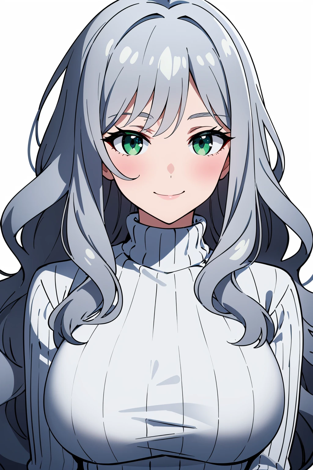 (masterpiece), best quality, expressive eyes, perfect face, solo,
long hair, wavy hair, silver hair, green eyes, large breasts, bursting breasts, turtleneck sweater, light smile,
portrait, white background, shadow,
