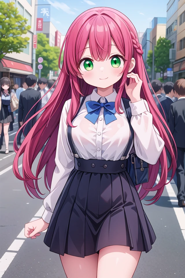 insanely detailed, absurdres, ultra-highres, ultra-detailed, best quality,
1girl, solo, nice hands, perfect hands
BREAK
braid, shirt, holding, mary janes, socks, black skirt, long hair, white shirt, suspender skirt, white socks, long sleeves, ribbon, suspenders, standing, ruffles, black ribbon, bow , black bow tie, long skirt, black bow, neck ribbon, bowtie, bag ,
BREAK
happy smile, laugh, closed mouth, standing,
(45 angle:-1.5), (from side:-1.5),
cute pose, cowboy shot,
BREAK
slender, kawaii, perfect symmetrical face, ultra cute girl, ultra cute face, ultra detailed eyes, ultra detailed hair, ultra cute, ultra beautiful,
BREAK
in harajuku, shibuya, tokyo, street, crowd, cityscape,
BREAK
large breasts,
(red hair, green eyes), hime cut