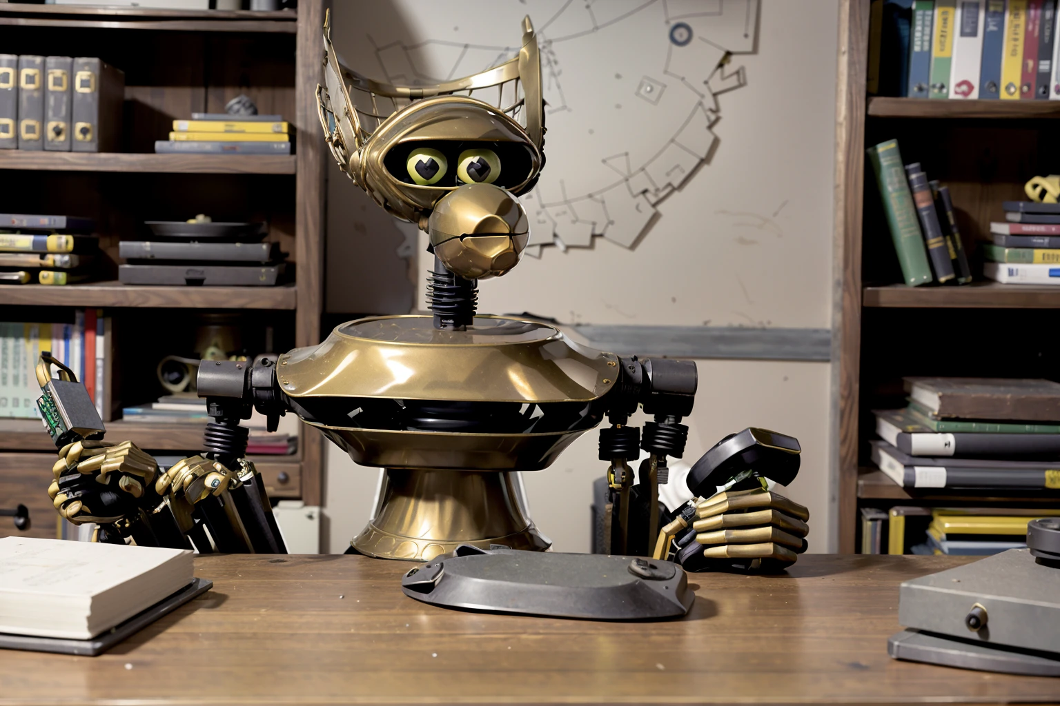 RAW photo of a robot, sitting at a desk using a computer <lora:Crow_T._Robot:1> Clutter-Home