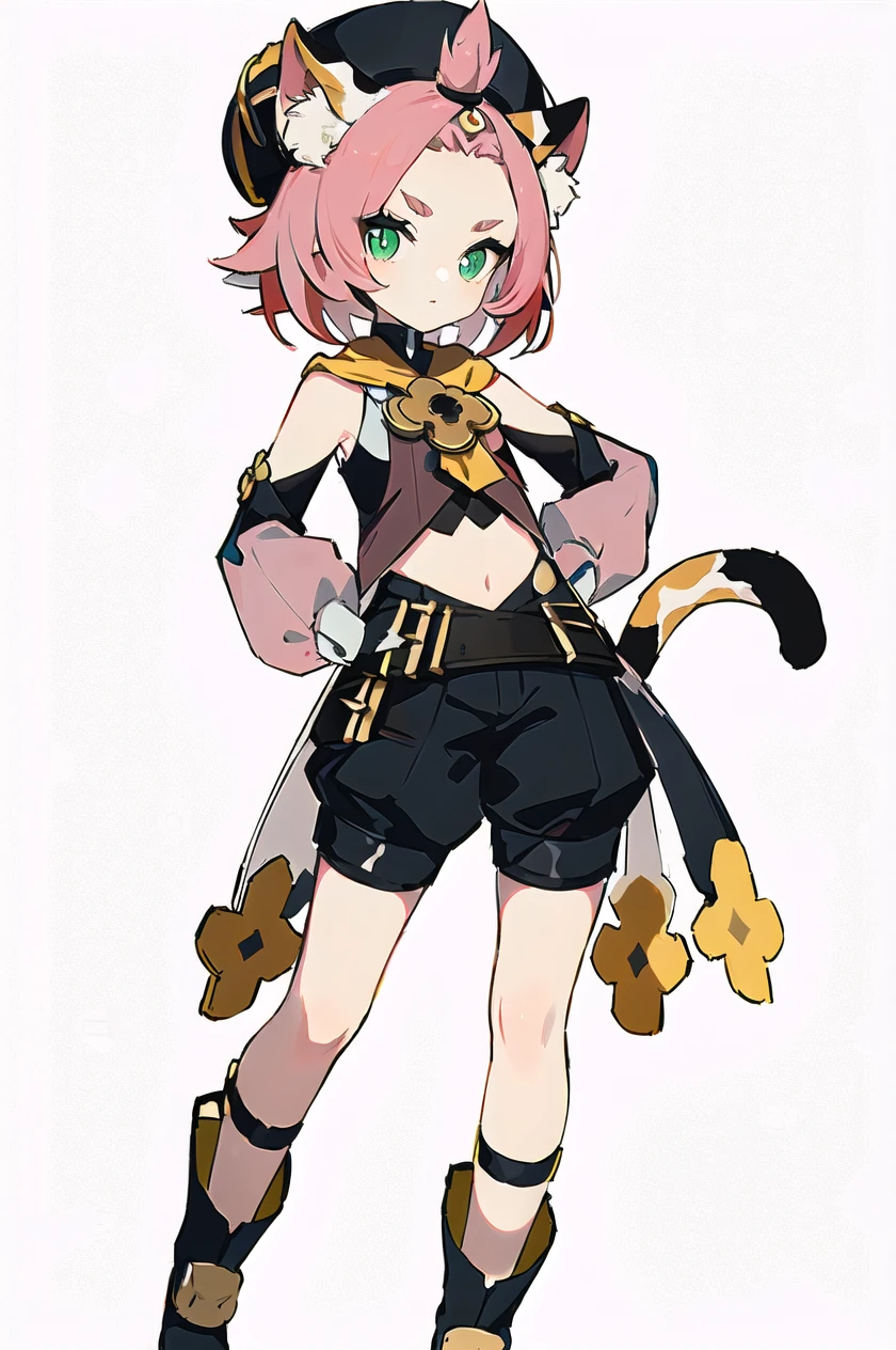 8k, best quality, masterpiece, (ultra-detailed:1.1), (high detailed skin),
(full body:1.3), white background, standing, looking at viewer, (solo:1.4), hand on hip,
<lora:diona-v100-000027:0.8:lbw=OUTALL>,diona, sidelocks, diona (genshin impact), cat ears, 1girl, puffy detached sleeves, animal ears, detached sleeves, bangs pinned back, belt,cat girl, pink hair, forehead, short hair, navel, hat, black shorts, white gloves, thick eyebrows, green eyes, cat tail, animal ear fluff,
(white background, simple background:1.6),
(beautiful_face), ((intricate_detail)), clear face,
((finely_detailed)), fine_fabric_emphasis,
((glossy)), full_shot,