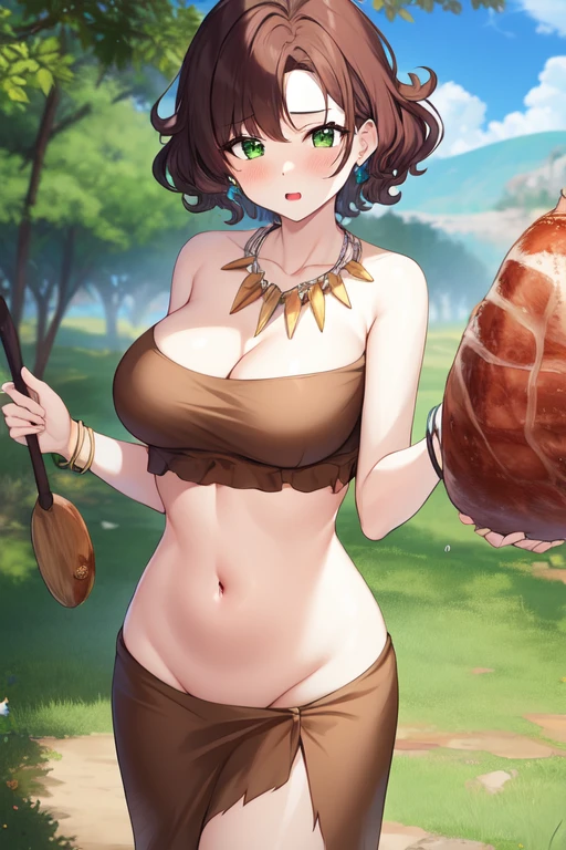 cavewoman, large breasts, jewelry, midriff, blush, full body, meat, necklace, curly hair, green eyes, short hair