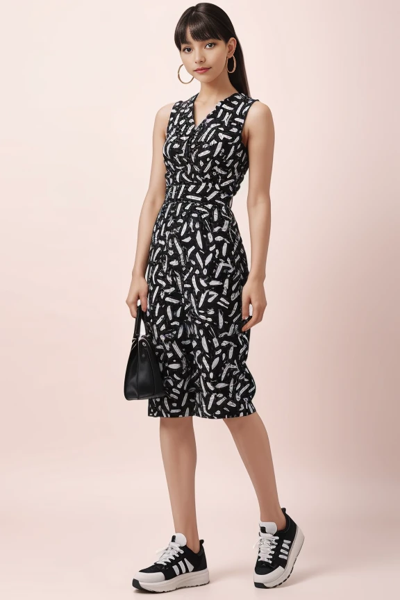 realistic, masterpiece, high detailed skin, looking at viewer, full body shot, white background
<lora:Black_Jumpsuit_By_Stable_Yogi:0.8> ju0mp0su0it2024-01-13, jewelry, earrings, shoes, hoop earrings, sneakers, handbag, pony tail, bangs
