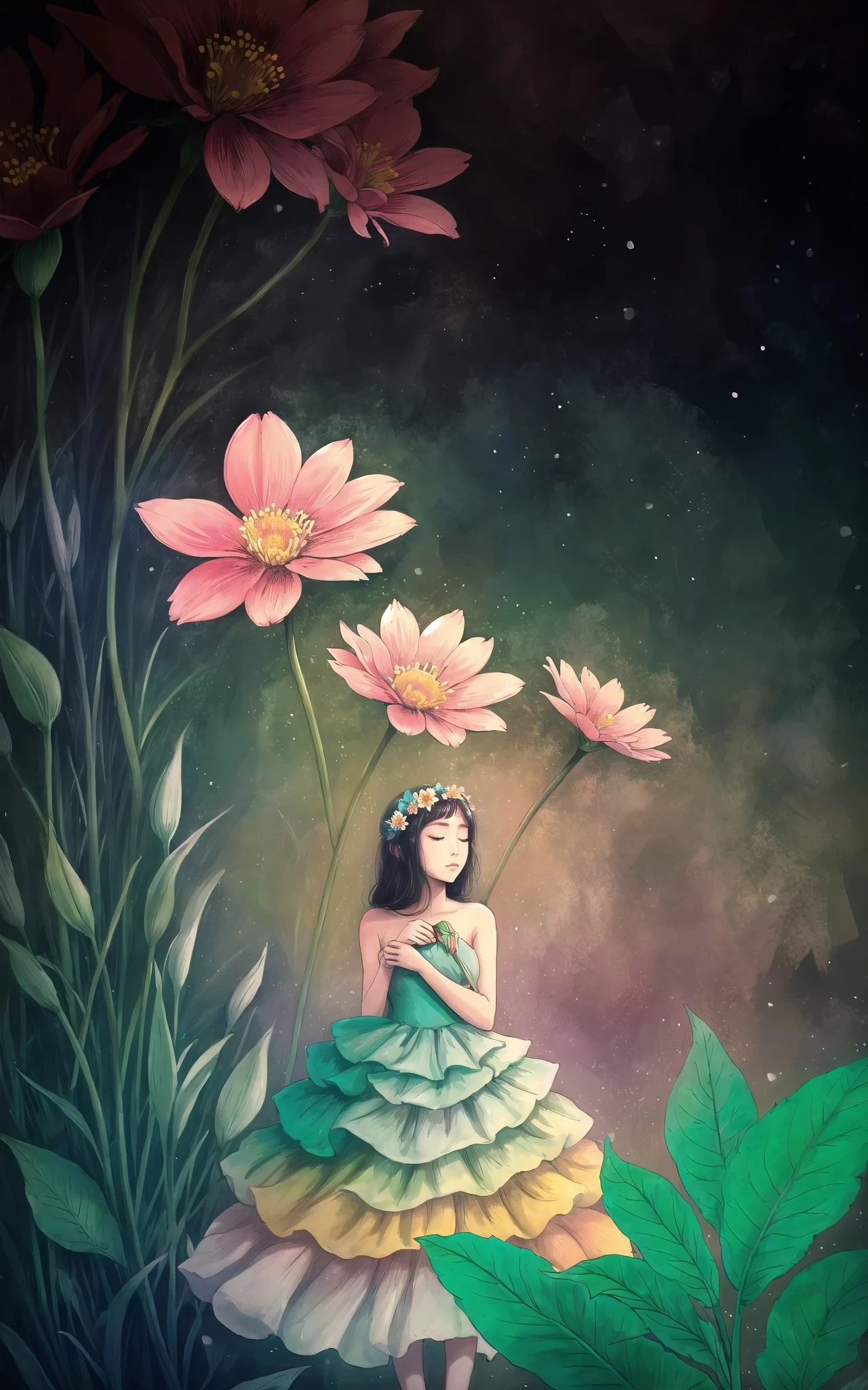 --This preview image uses the sampler: RESTART-- woman, flower dress, colorful, darl background,flower armor,green theme,exposure blend, medium shot, bokeh, (hdr:1.4), high contrast, (cinematic, teal and orange:0.85), (muted colors, dim colors, soothing tones:1.3), low saturation