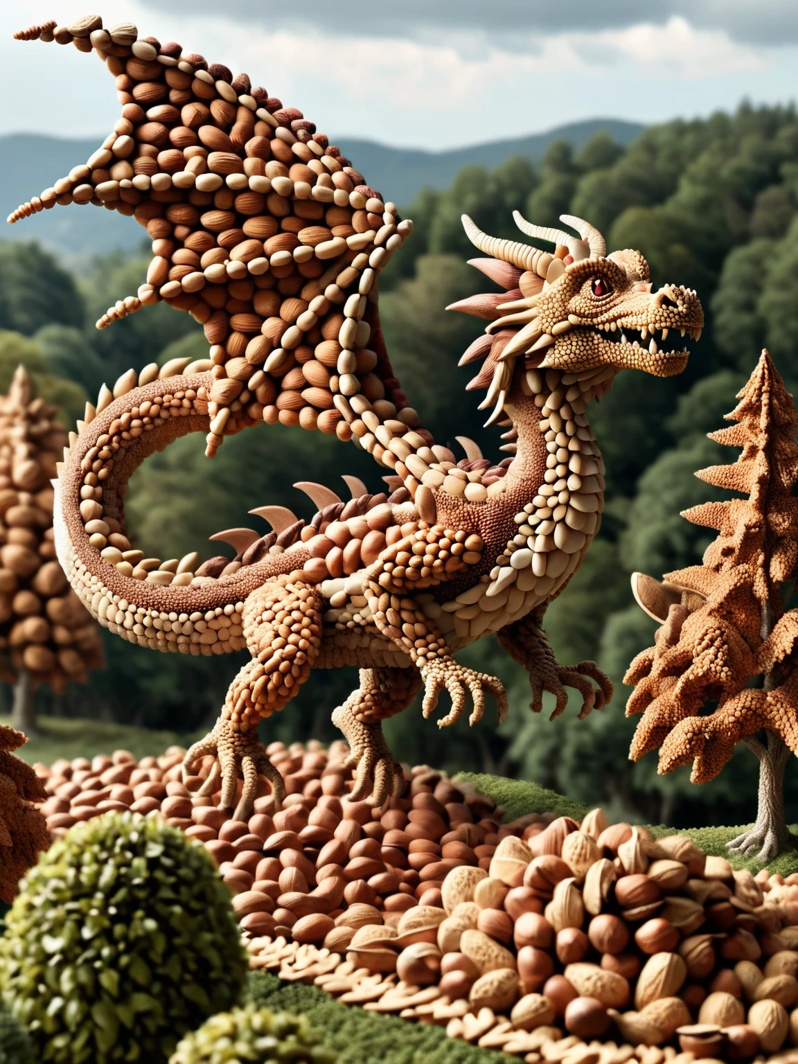 A playful scene of a ais-nutz dragon flying over a landscape of ais-nutz trees, with a ais-nutz in the background. <lora:Nuts__Seeds_Style_SDXL:1>
