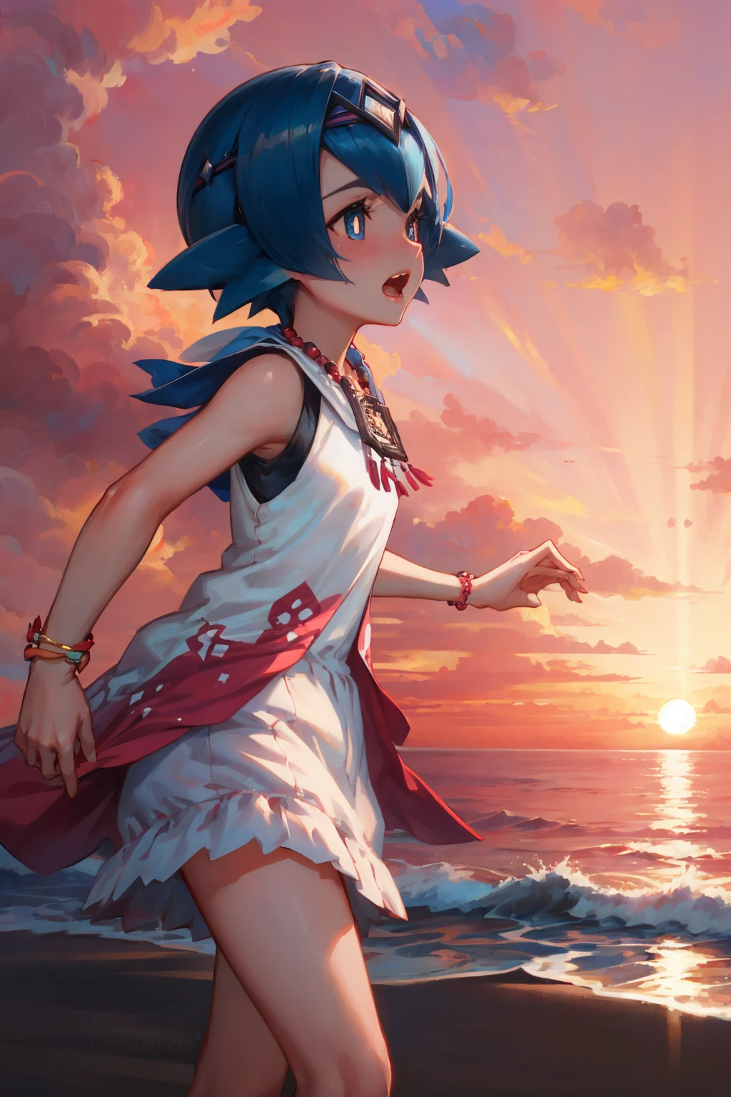 masterpiece, best quality, <lora:pkmnlana-nvwls-v1-000009:1> pkmnLana, white pupils, circlet, necklace, pink and white dress, sleeveless dress, bracelet, furrowed brow, yelling, from side, running, ocean, beach, sunset, red sky