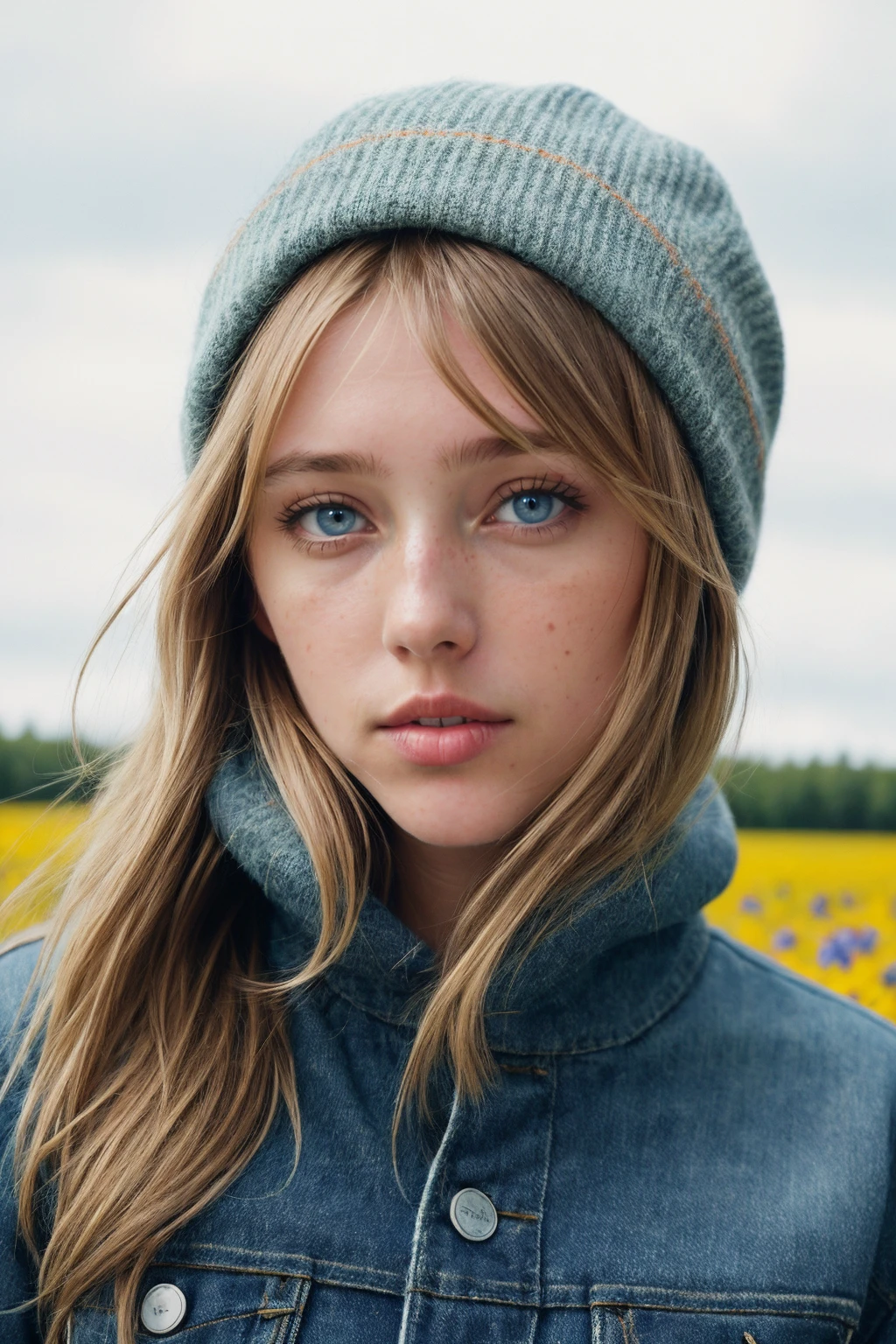 Photo of al3na_hemkova, wearing comfortable denim jeans, a cozy sweater, and a headscarf, on a casual day in the Ukrainian countryside as she walks through fields and enjoys the simplicity of rural life, 
perfect pupils, perfect iris, (vivid colors, wide angle, cinematic establishing shot, volumetric lighting, subsurface scattering, special effects, color grading, layered depth, parallax effect, soft focus foreground), (in style of Tim Walker:1.2)