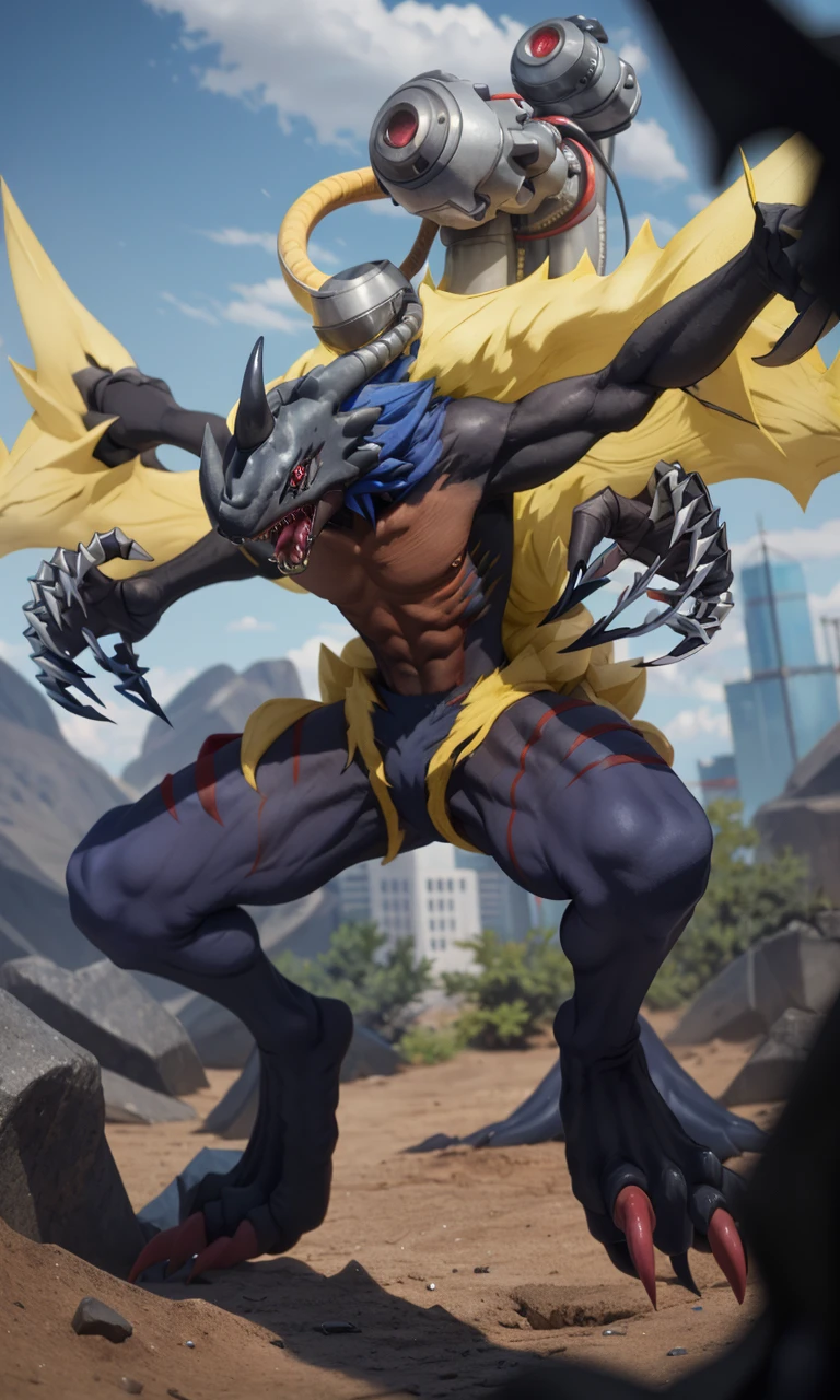 Millenniummon2024, best quality, masterpiece, depth of field, raw photo, photorealistic, monster, Digimon, 4 arms, claws, sharp teeth, two cannons, otherworldly, yellow bird on shoulders. 1 horn,