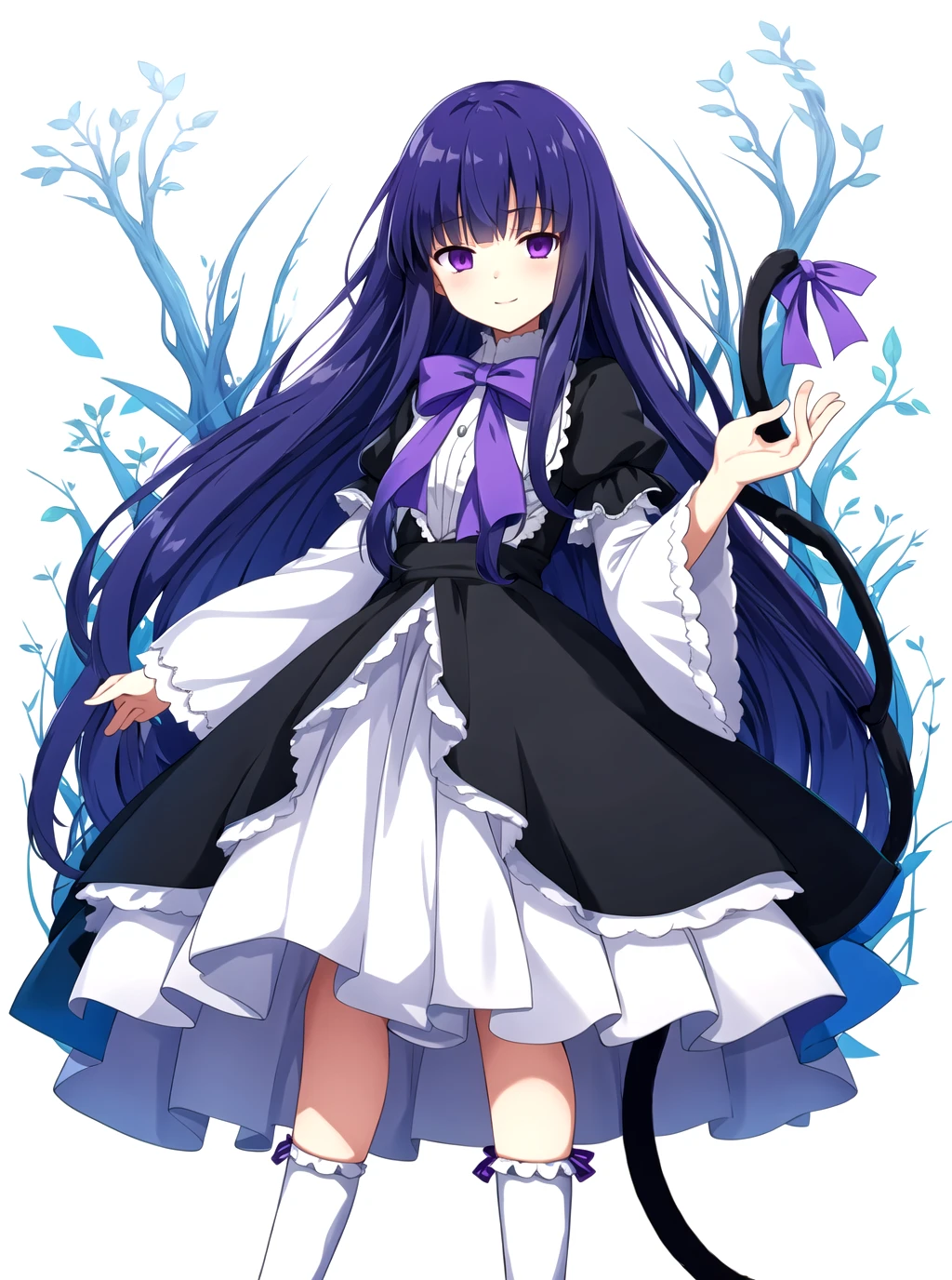 masterpiece, best quality, outdoors, frederica bernkastel, background dark forest , 1girl, tail, solo, purple eyes, dress, long hair, cat tail, blue hair, bow, socks, ribbon, kneehighs, frills, White background, <lora:Frederica Bernkastel anyloraCheckpoint8ep26ryes40-000006:0.7>