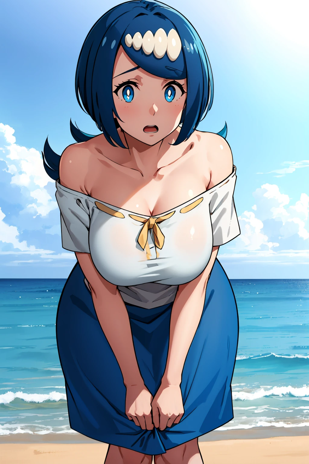 masterpiece, best quality, <lora:lanamother-nvwls-v1:0.9> lanamother, white pupils, long hair, hair ornament, shirt, blue and white skirt, short sleeves, large breasts, mature woman, off-shoulder, profile, looking at viewer, open mouth, surprised, from below, leaning forward, ocean, sky