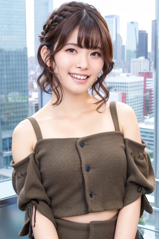1girl, (cropped top, jacket:1.4),(sleeveless, off shoulder:1.4),(RAW photo, best quality), (realistic, photo-realistic:1.8), masterpiece, an extremely delicate and beautiful, extremely detailed, 2k wallpaper, Amazing, finely detail, extremely detailed CG unity 8k wallpaper, ultra-detailed, highres, soft light, beautiful detailed girl, extremely detailed eyes and face, beautiful detailed nose, beautiful detailed eyes,cinematic lighting,(in the city:2.0),perfect anatomy,(slender body:1.6),(close up face:1.8),(laugh,friendly, warm:2.0),(looking at viewer:2.0),(young japanese idol:1.8),(wavy short hair:1.8), (brown eyes:1.8),(dynamic pose:2.0), (cleavage:1.2), <lora:iwamimanaka_lora-10:0.8>