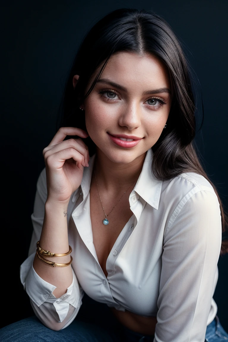photo of (rydrmccr4nn-134:0.99), a beautiful woman, perfect hair, (smiling look), (modern photo, Taupe Brown button up shirt), 24mm, (analog, cinematic, film grain:1.3), ((plain US Navy Blue background:1.2)), detailed eyes, (epicPhoto), (seductive pose), (looking at viewer), jewelry, (cinematic shot:1.3), PA7_Portrait-MCU