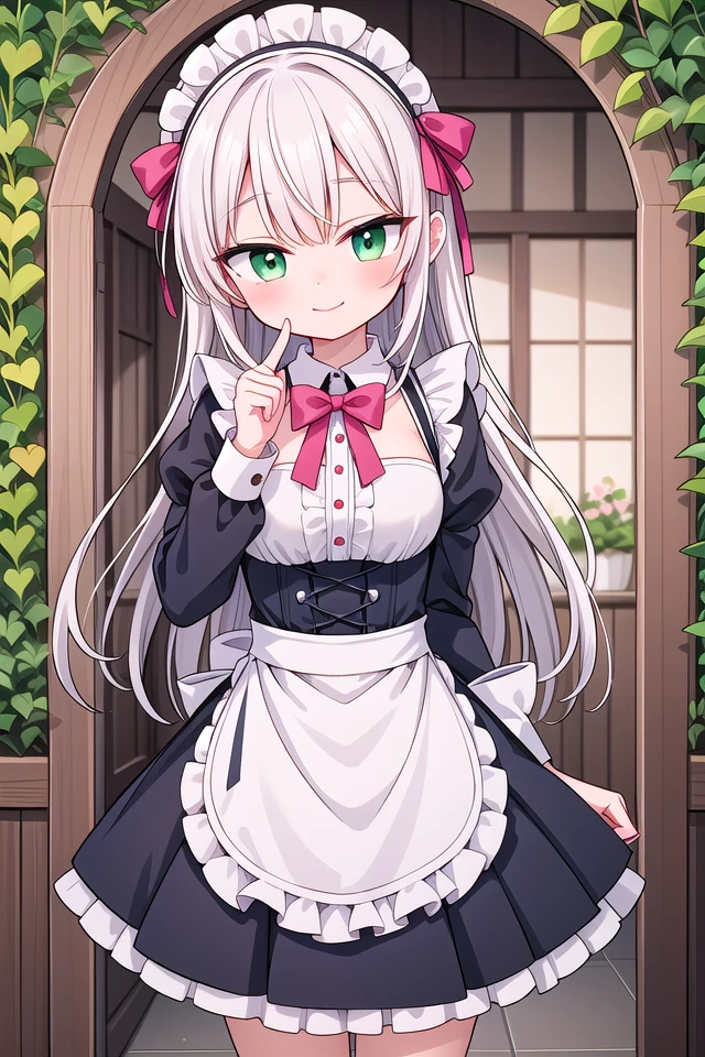 insanely detailed, absurdres, ultra-highres, ultra-detailed, best quality,
1girl, solo, nice hands, perfect hands,
BREAK
apron, blush, bow, bowtie, frilled apron, frills, long sleeves, maid, maid apron, maid headdress, waist apron, white apron
BREAK
smile, closed mouth
BREAK
finger to mouth, index finger raised, shushing, cowboy shot, looking at viewer,
BREAK
slender, kawaii, perfect symmetrical face, ultra cute girl, ultra cute face, ultra detailed eyes, ultra detailed hair, ultra cute, ultra beautiful,
BREAK
day, flower, ivy, leaf, indoors, open door, plant, potted plant, vines, window,
BREAK
white (pink:1.2) hair, green eyes, long hair, medium breasts, bangs, eyebrows visible through hair,