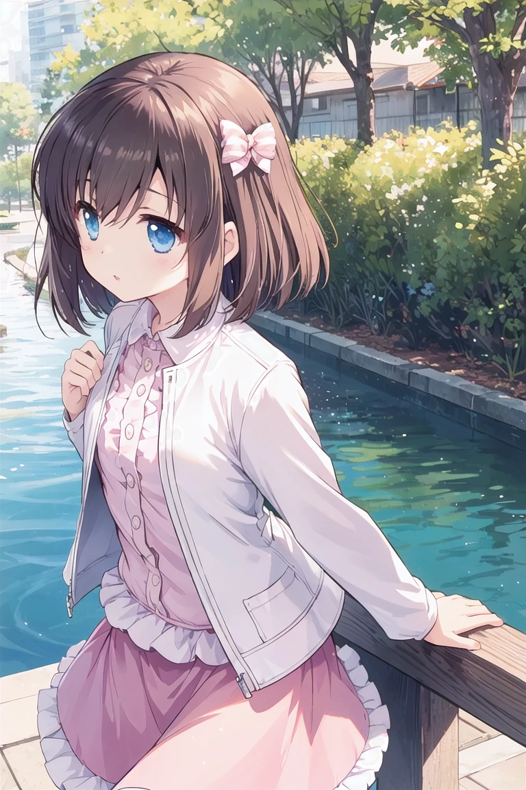 <lora:onjouji-toki_v10:0.8> onjouji toki, hair bow, standing, long sleeves, center frills, collared shirt, white jacket, pink skirt, outdoors, water, tree