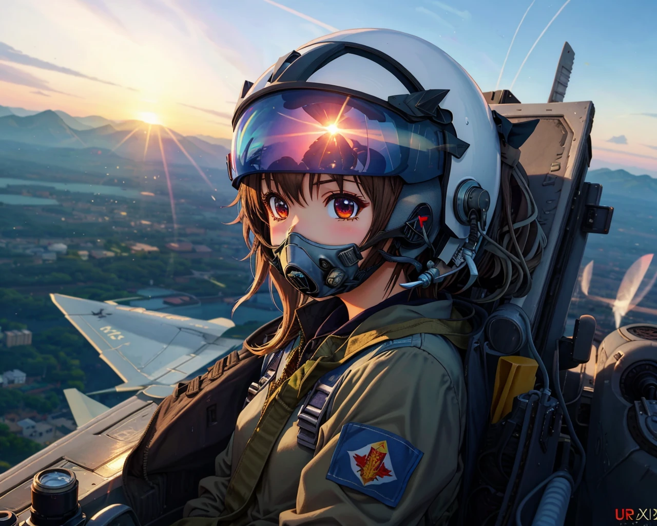 best quality,masterpiece,highly detailed,ultra-detailed, <lora:neg4all_bdsqlsz_V3.5:-1>,1girl, <lora:jetpilotpov:0.75>pilot pov, pilot, military, helmet, cockpit, science fiction,blue sky, fighter jet, pilot mask,medium shot,micro shorts,  <lora:Bird'sEye_Drone_last:1>from above, from side,