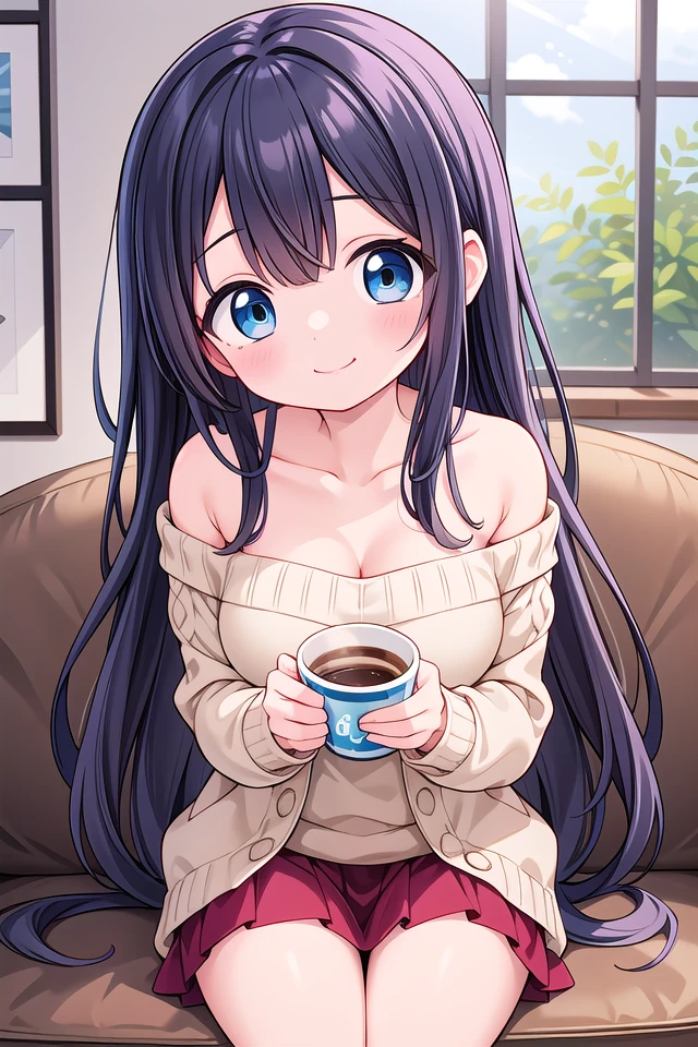 insanely detailed, absurdres, ultra-highres, ultra-detailed, best quality,
1girl, solo, nice hands, perfect hands,
BREAK
wearing sweater, off shoulder sweater, one piece sweater, sweater with long sleeves, bare shoulder, collarbone, red skirt
BREAK
happy smile, laugh, closed mouth,
sitting, holding coffee cup,
45 angle, cowboy shot, looking at viewer
BREAK
slender, kawaii, perfect symmetrical face, ultra cute girl, ultra cute face, ultra detailed eyes, ultra detailed hair, ultra cute, ultra beautiful,
BREAK
indoors, in coffee shop
BREAK
large breasts, black hair, long hair, black eyes