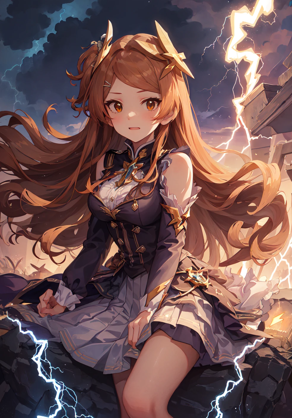 tamaki ogami \(million live\), 1girl,(bare knee),best quality,highly detailed,((masterpiece)),ultra-detailed,illustration,(((hiten))),Depth of field,wind lift,very long hair,beautiful detailed eyes,(surrounded lightning magiccircle),beautiful detailed eyes,gorgeous, cowboy shot,(looking at viewer),(strong light on body),((Iridescence hair)),(((watercolor_(medium)))),glowing circle pupils,sitting,floating hair,(pleated_skirt),((((lightning bolt hair ornament_glowing)))),burningsky,((tareme)),(((holding lightning _glowing_huge))),lightningeffect,((detailed electricity surrounded)),(electricity),(Burnoneselfinflames),lightning dark clouds, full body, standing