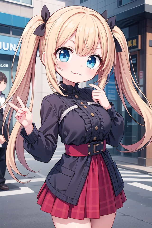 insanely detailed, absurdres, ultra-highres, ultra-detailed, best quality,
1girl, solo, nice hands, perfect hands,
BREAK
lanky,gothic dress,nylon clothes,denim dress,saddle jacket,red tartan-check pleated skirt
BREAK
(smirking, evil smile:1.2), closed mouth, (:3:1.3), v-shaped eyebrows, standing
BREAK
slender, kawaii, perfect symmetrical face, ultra cute girl, ultra cute face, ultra detailed eyes, ultra detailed hair, ultra cute, ultra beautiful,
BREAK
in harajuku, shibuya, tokyo, street, crowd, cityscape,
BREAK
medium large breasts,
blonde hair, blue eyes, twintails