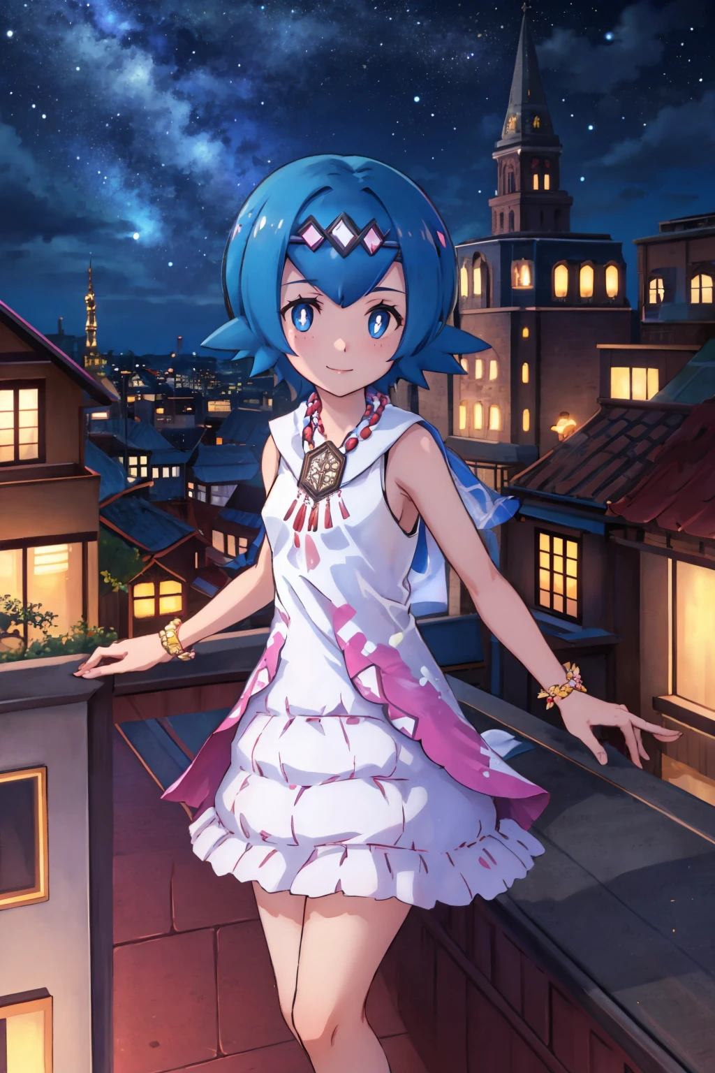 masterpiece, best quality, <lora:pkmnlana-nvwls-v1-000009:1> pkmnLana, white pupils, circlet, necklace, pink and white dress, sleeveless dress, bracelet, standing, furrowed brow, smile, night sky, city, rooftop