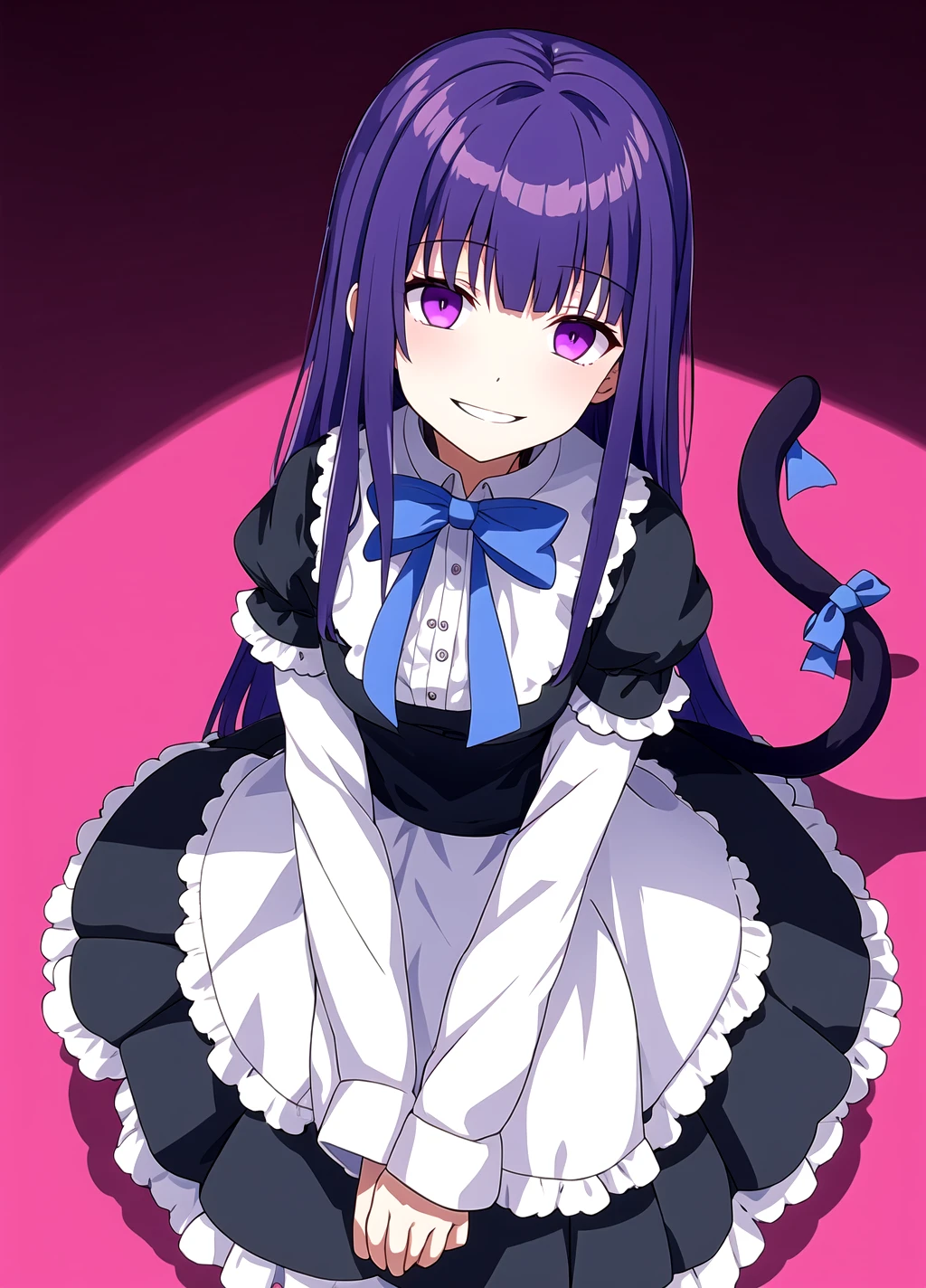 facing us, masterpiece, best quality, outdoors, red clouds, red lights everywhere, frederica bernkastel, hands behind your back, background empty field to the horizon, dark background, dark clouds sky , 1girl, tail, solo, purple eyes, dress, long hair, cat tail, blue hair, bow, ribbon, kneehighs, frills, <lora:Frederica Bernkastel anyloraCheckpoint8ep26ryes40-000006:0.6>, yandere, evil smile, from above, closed mouth, dark, pink theme, pale skin, shaded face, <lora:yameroyandere-v2:0.7>