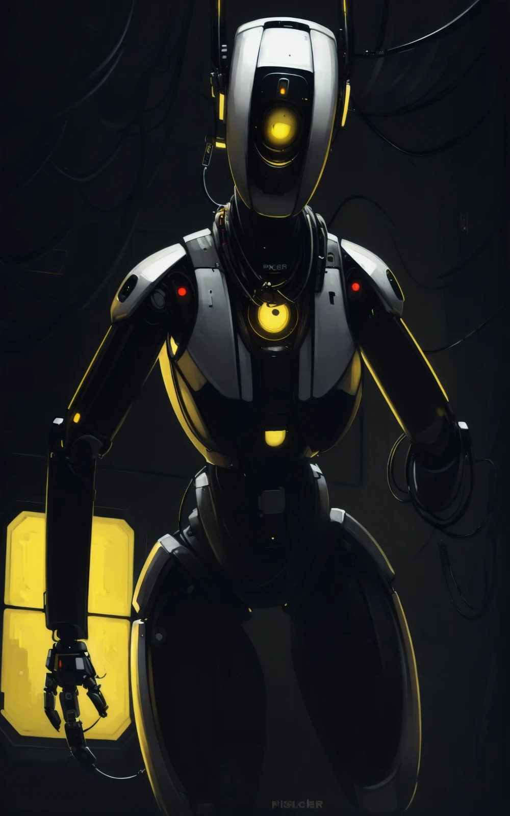 8k,4k,((Best quality, masterpiece, ultra high resolution)),((full body, by pixelsketcher)), <lora:GLaDOS:0.8>,GLaDOS,robot,humanoid robot,robot joints, joints,android,cyclops,yellow eye,one-eyed,no mouth, science fiction,female ,breast,cable,((dark room , horror \(theme\)))