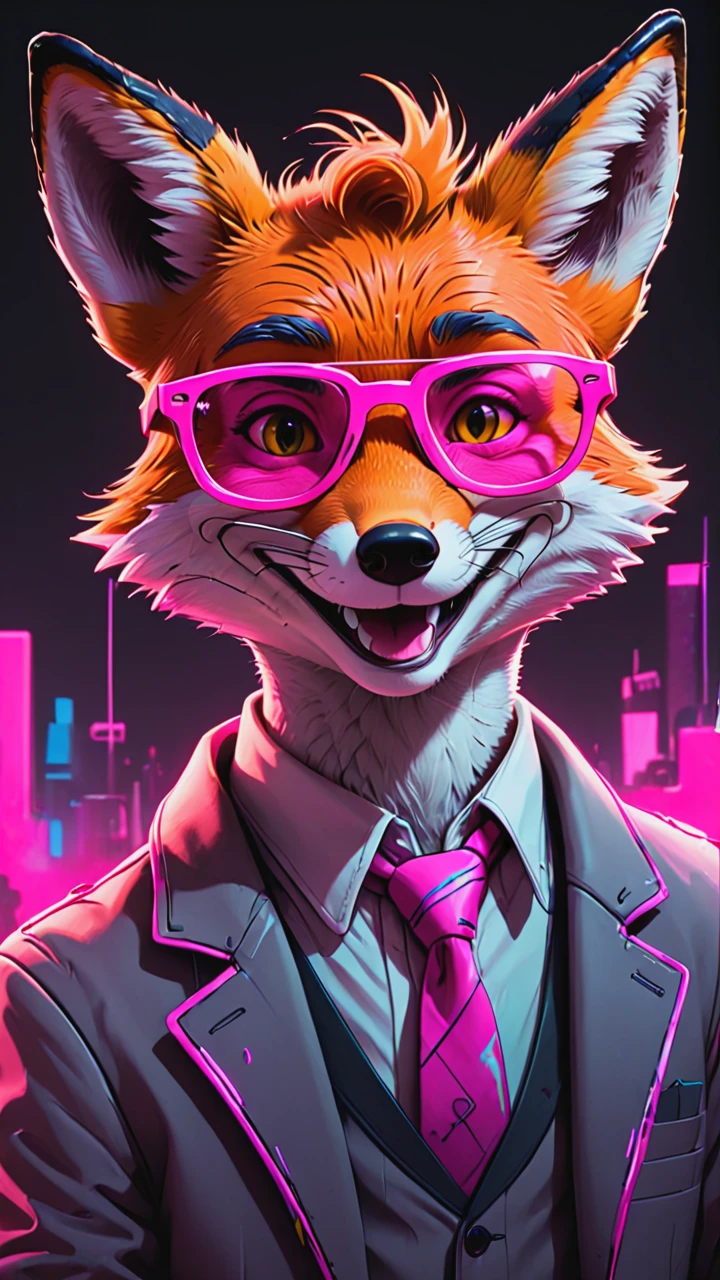 cyberpunk, line art, cartoon style, a mr.Fox, disney cartoon network, pink glasses, smile, at a rave party, neon, cartoon network character, comic painting, bold lines,  <lora:mr.Fox:0.8>