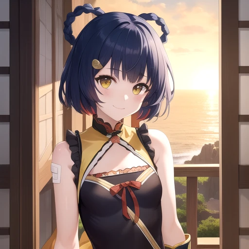 ((masterpiece)),(best quality),official art,extremely detailed CG,unity 8k wallpaper,ultra detailed,A lighthouse on a cliff by the sea,1girl,solo,upper body,(portrait:1.2),looking at viewer,fingerless_gloves,blue_hair,bandaid_on_leg,smile,bandaid_on_knee,chinese_clothes,braid,yellow_eyes,hair_ornament,boots,short_hair,small_breasts,china_dress,sleeveless,hair_rings,hairclip,bell,bare_shoulders,bangs,black_gloves,thigh_strap,pelvic_curtain,<lora:Xiangling(gen)>,